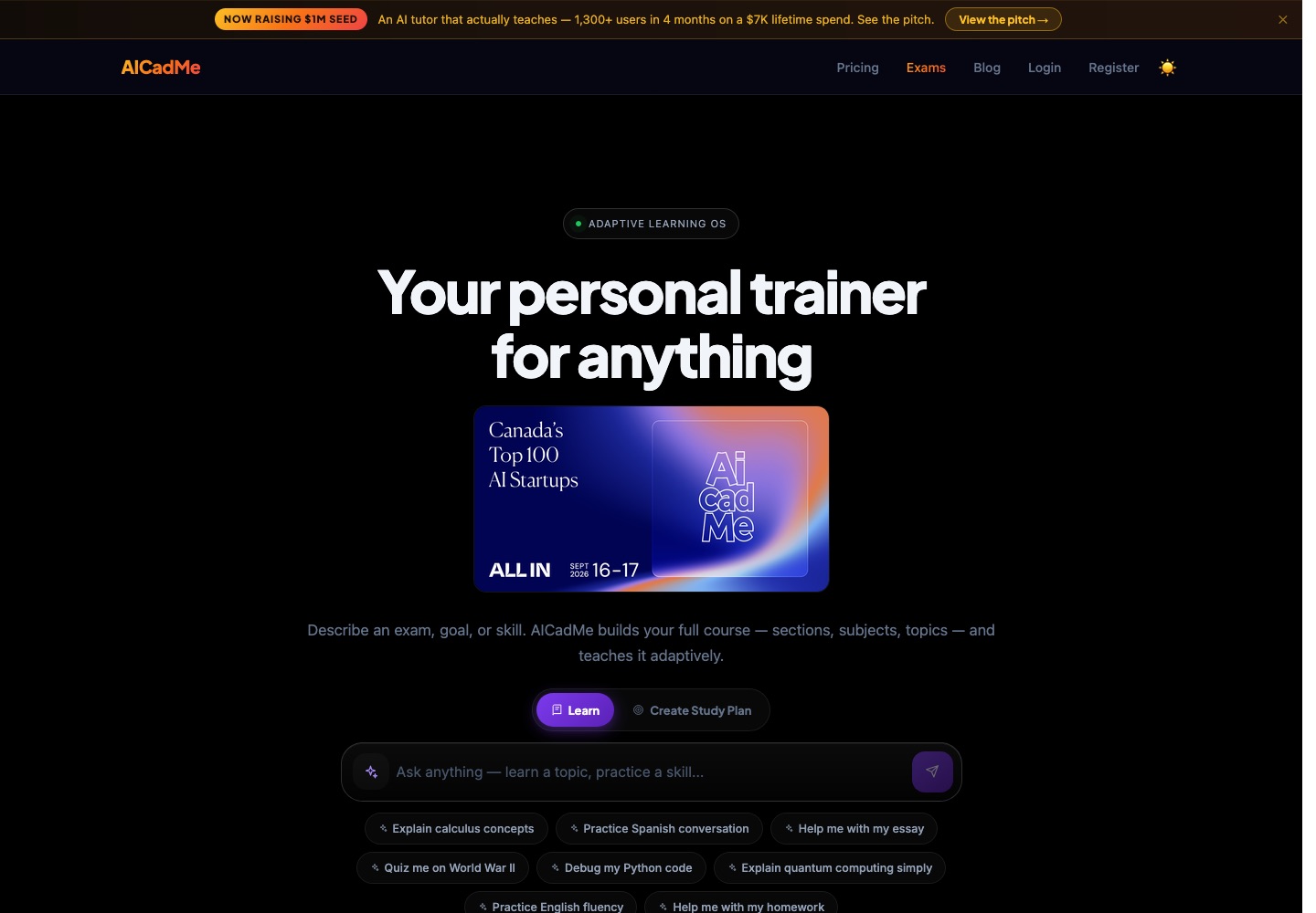 AICadMe learning platform homepage